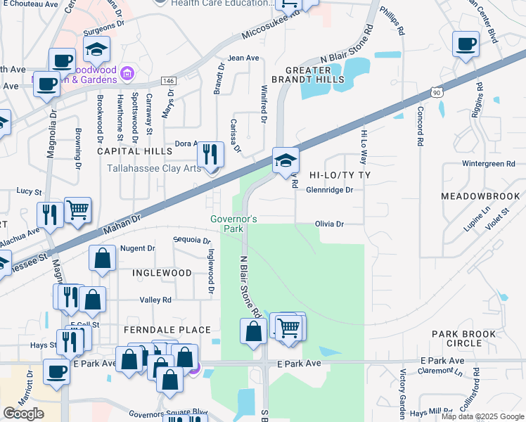 map of restaurants, bars, coffee shops, grocery stores, and more near 1909 Ty Ty Court in Tallahassee