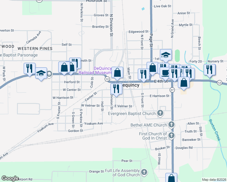 map of restaurants, bars, coffee shops, grocery stores, and more near 125 North Pine Street in DeQuincy