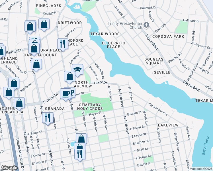 map of restaurants, bars, coffee shops, grocery stores, and more near 1575 Texar Drive in Pensacola