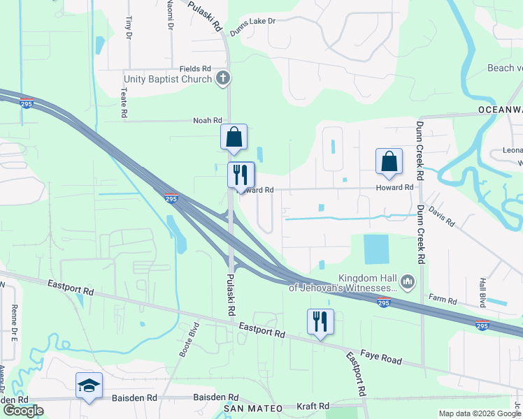 map of restaurants, bars, coffee shops, grocery stores, and more near 11871 Lake Bend Circle in Jacksonville