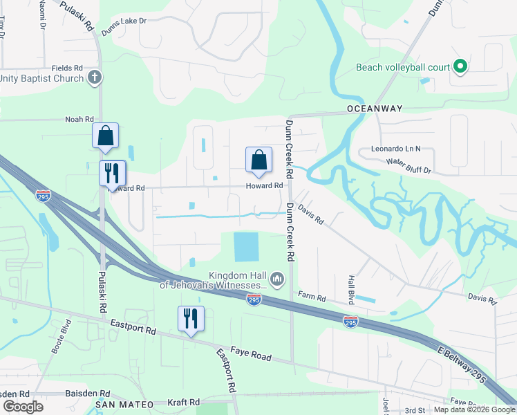 map of restaurants, bars, coffee shops, grocery stores, and more near 11570 Hickory Oak Drive in Jacksonville