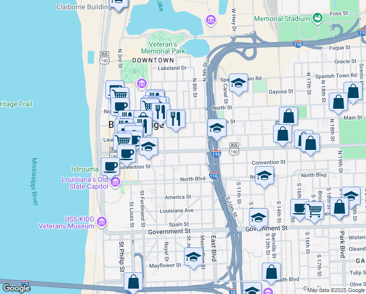 map of restaurants, bars, coffee shops, grocery stores, and more near 707 Florida Street in Baton Rouge
