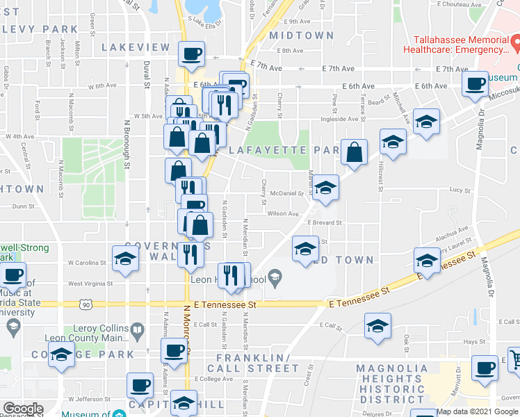 map of restaurants, bars, coffee shops, grocery stores, and more near 426 Wilson Avenue in Tallahassee