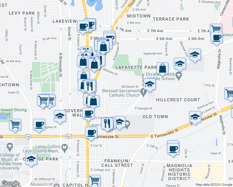 map of restaurants, bars, coffee shops, grocery stores, and more near 426 Wilson Avenue in Tallahassee