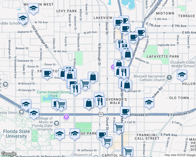map of restaurants, bars, coffee shops, grocery stores, and more near 730 North Bronough Street in Tallahassee