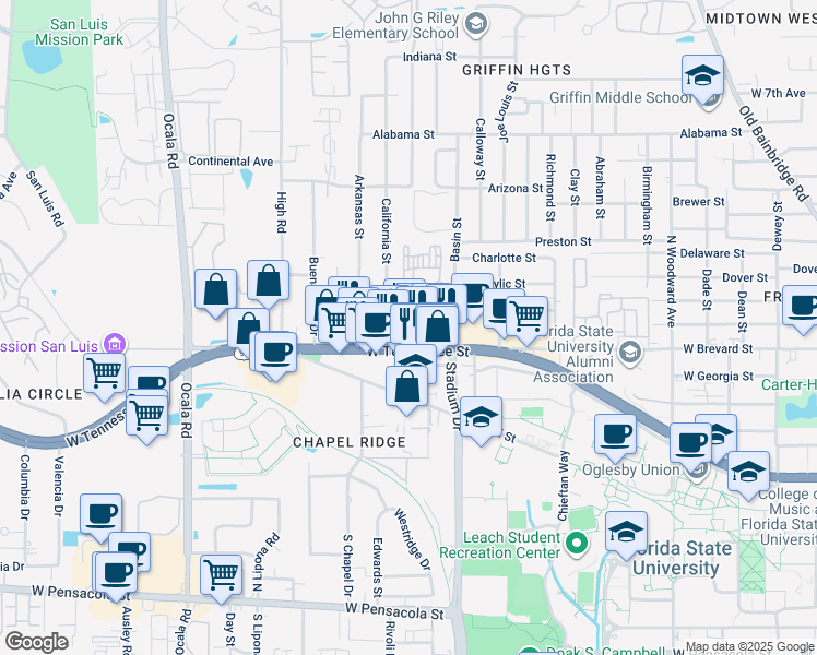 map of restaurants, bars, coffee shops, grocery stores, and more near 885 Campus Circle in Tallahassee