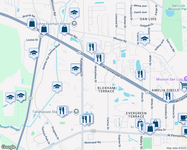 map of restaurants, bars, coffee shops, grocery stores, and more near 2607 McKeithan Court in Tallahassee