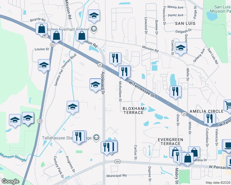 map of restaurants, bars, coffee shops, grocery stores, and more near 2607 McKeithan Court in Tallahassee