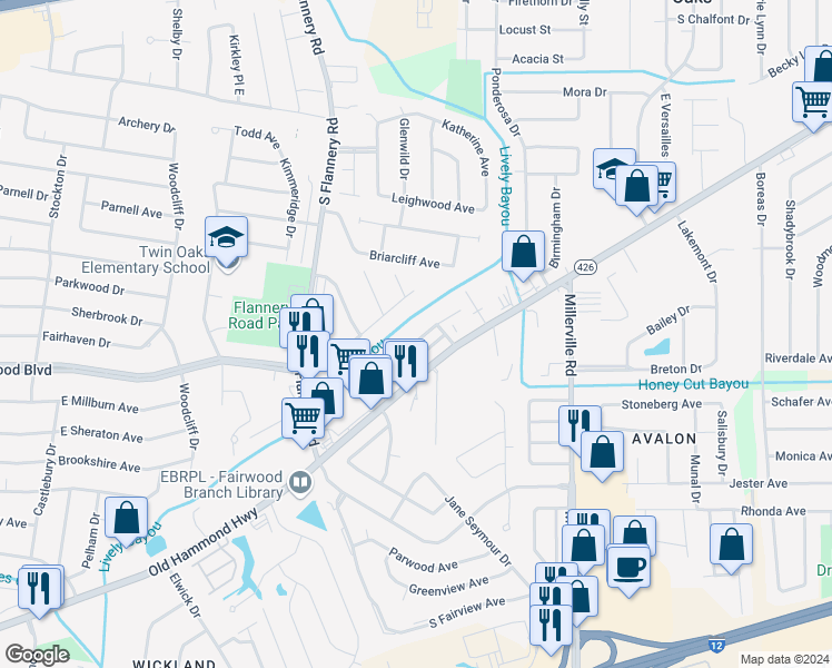 map of restaurants, bars, coffee shops, grocery stores, and more near 14015 Azalea Park Avenue in Baton Rouge
