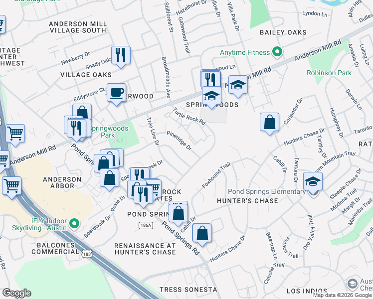 map of restaurants, bars, coffee shops, grocery stores, and more near 8708 Pineridge Drive in Austin