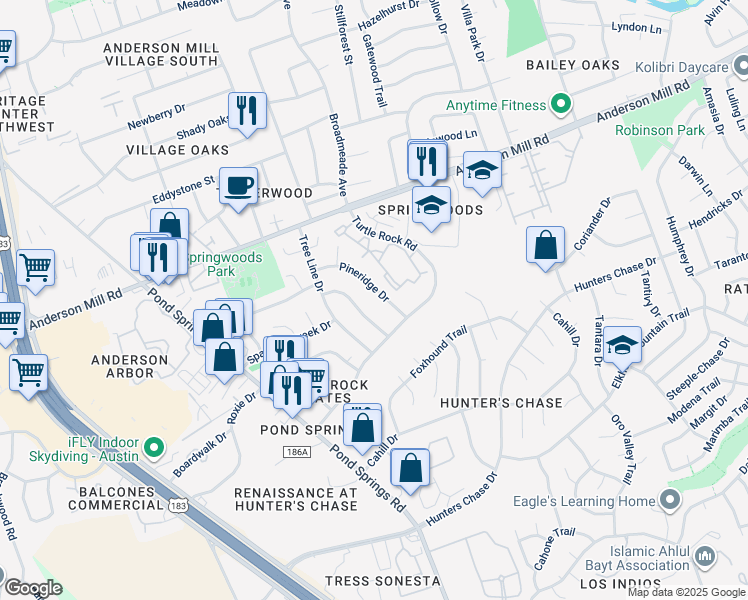 map of restaurants, bars, coffee shops, grocery stores, and more near 8806 Piney Point Drive in Austin