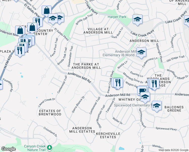 map of restaurants, bars, coffee shops, grocery stores, and more near 11000 Anderson Mill Road in Austin