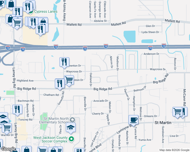 map of restaurants, bars, coffee shops, grocery stores, and more near 16060 Brooklyn Drive in Biloxi