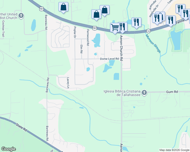 map of restaurants, bars, coffee shops, grocery stores, and more near 1131 Fernwood Road in Tallahassee