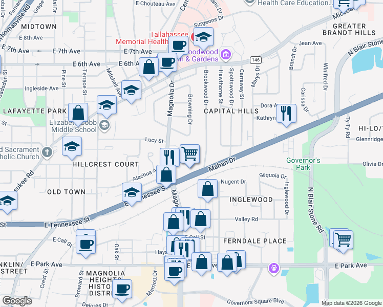 map of restaurants, bars, coffee shops, grocery stores, and more near 1430 Lucy Street in Tallahassee