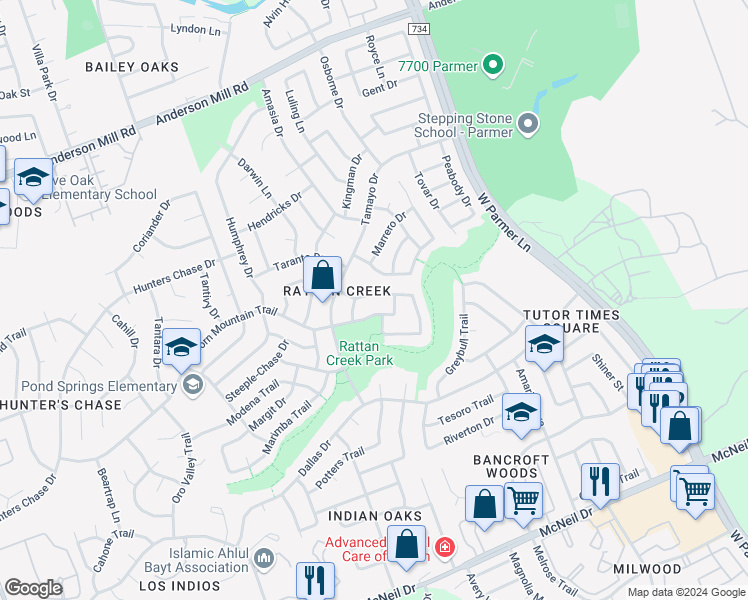 map of restaurants, bars, coffee shops, grocery stores, and more near 7507 Napier Trail in Austin