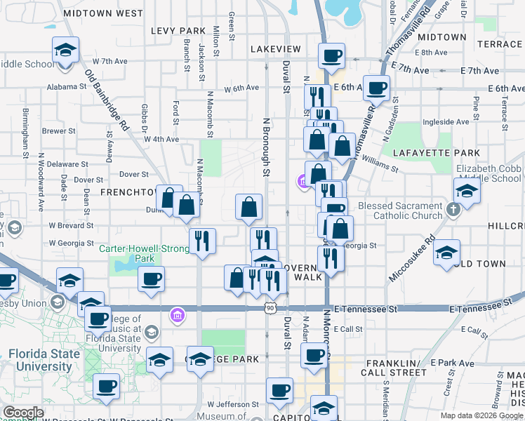 map of restaurants, bars, coffee shops, grocery stores, and more near 730 North Bronough Street in Tallahassee