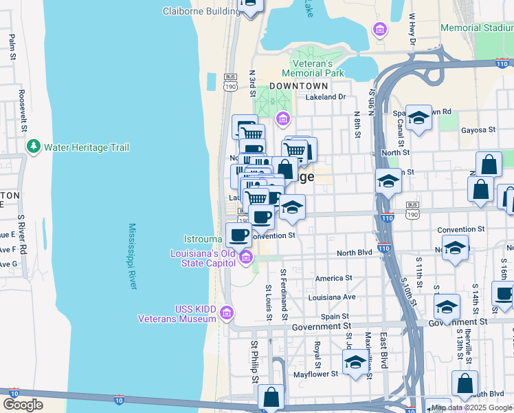 map of restaurants, bars, coffee shops, grocery stores, and more near 350 3rd Street in Baton Rouge
