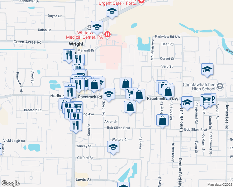 map of restaurants, bars, coffee shops, grocery stores, and more near 400 Racetrack Road Northwest in Fort Walton Beach