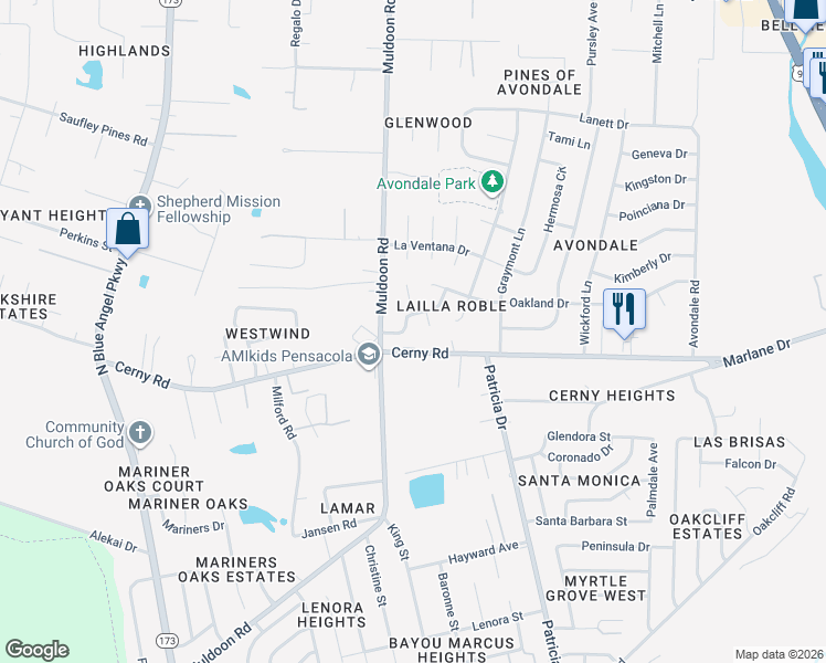 map of restaurants, bars, coffee shops, grocery stores, and more near 4925 La Ceiba Drive in Pensacola