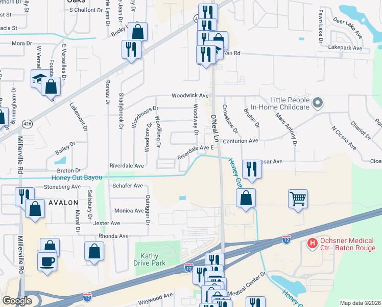 map of restaurants, bars, coffee shops, grocery stores, and more near 15736 Riverdale Avenue East in Baton Rouge