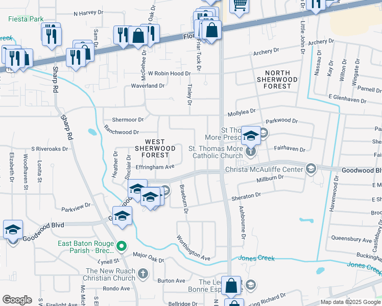 map of restaurants, bars, coffee shops, grocery stores, and more near 872 South Tinley Drive in Baton Rouge