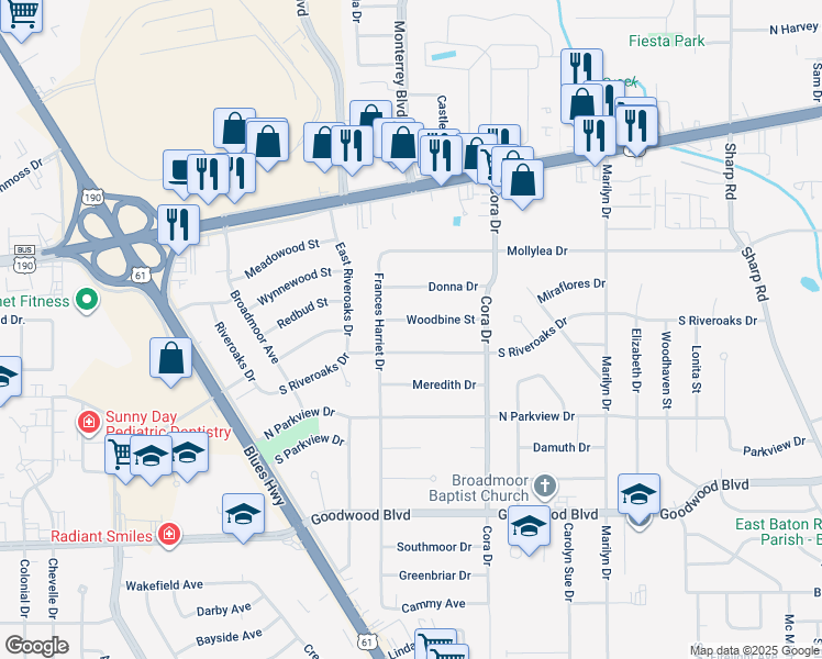 map of restaurants, bars, coffee shops, grocery stores, and more near 9372 Woodbine Street in Baton Rouge