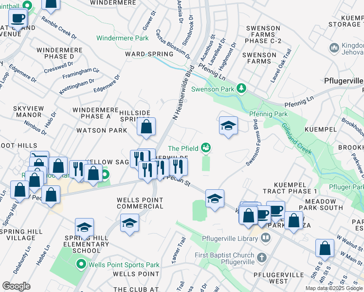 map of restaurants, bars, coffee shops, grocery stores, and more near 207 Homily Drive in Pflugerville