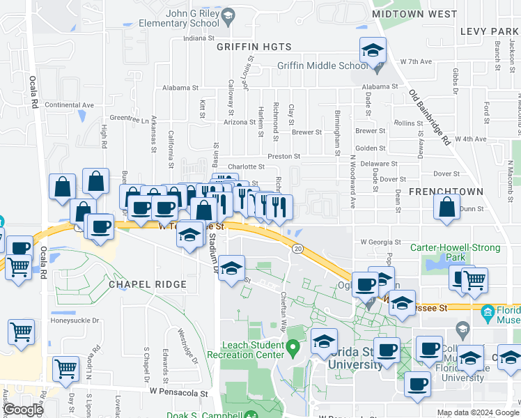 map of restaurants, bars, coffee shops, grocery stores, and more near 1325 Hancock Street in Tallahassee