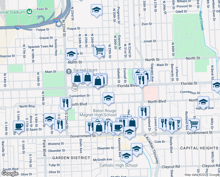 map of restaurants, bars, coffee shops, grocery stores, and more near 2840 Florida Boulevard in Baton Rouge