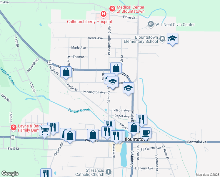 map of restaurants, bars, coffee shops, grocery stores, and more near 17283 Northwest Charlie Johns Street in Blountstown