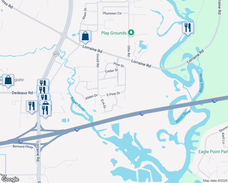 map of restaurants, bars, coffee shops, grocery stores, and more near 11325 Pine Dr in Gulfport