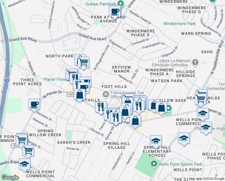 map of restaurants, bars, coffee shops, grocery stores, and more near 11 Foothill Farms Loop in Pflugerville