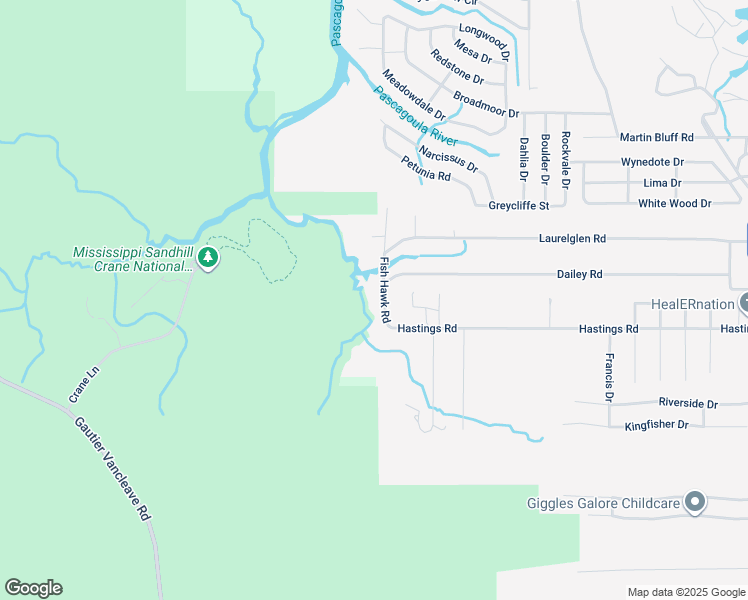 map of restaurants, bars, coffee shops, grocery stores, and more near 7423 Fish Hawk Road in Gautier