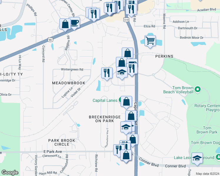 map of restaurants, bars, coffee shops, grocery stores, and more near 2755 Power Mill Court in Tallahassee