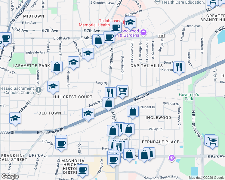 map of restaurants, bars, coffee shops, grocery stores, and more near 621 North Magnolia Drive in Tallahassee