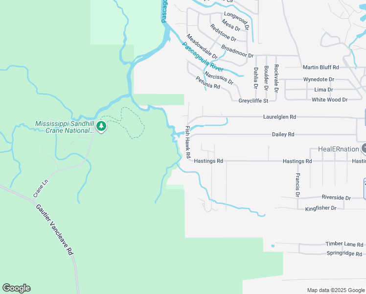 map of restaurants, bars, coffee shops, grocery stores, and more near 7433 Fish Hawk Road in Gautier
