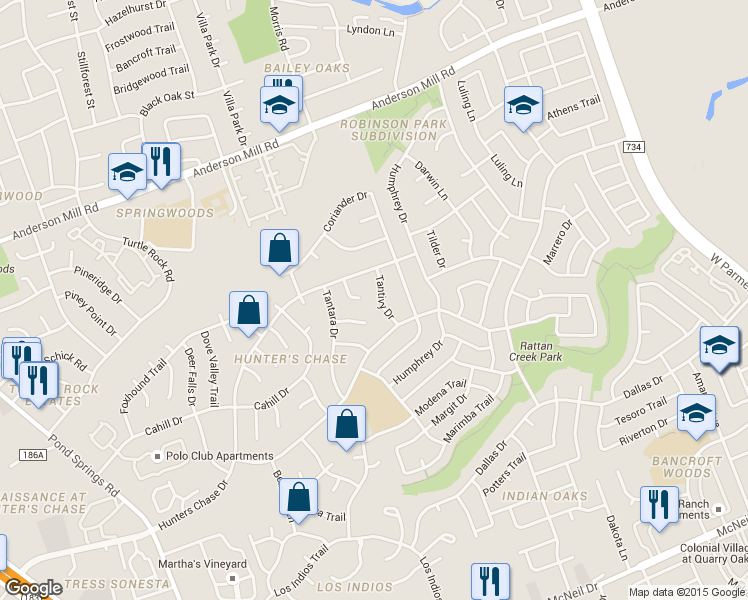 map of restaurants, bars, coffee shops, grocery stores, and more near 13002 Huntwood Cove in Austin