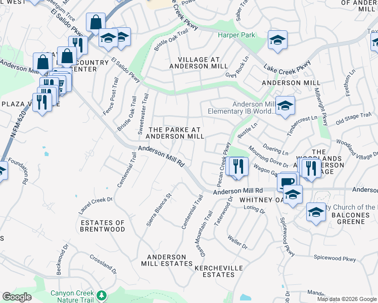 map of restaurants, bars, coffee shops, grocery stores, and more near 11000 Anderson Mill Road in Austin