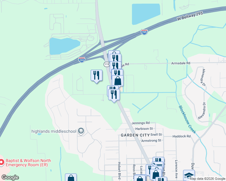 map of restaurants, bars, coffee shops, grocery stores, and more near 11754 Lem Turner Road in Jacksonville