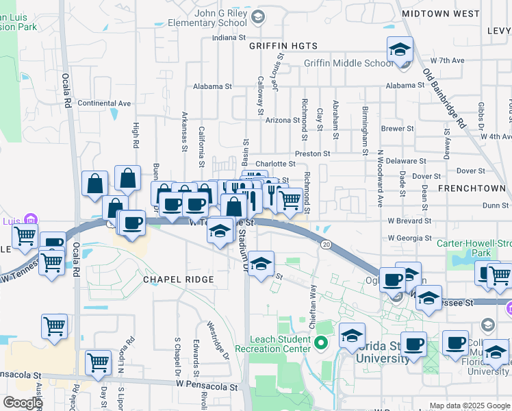 map of restaurants, bars, coffee shops, grocery stores, and more near 1416 West Tennessee Street in Tallahassee