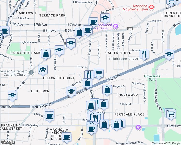 map of restaurants, bars, coffee shops, grocery stores, and more near 621 North Magnolia Drive in Tallahassee