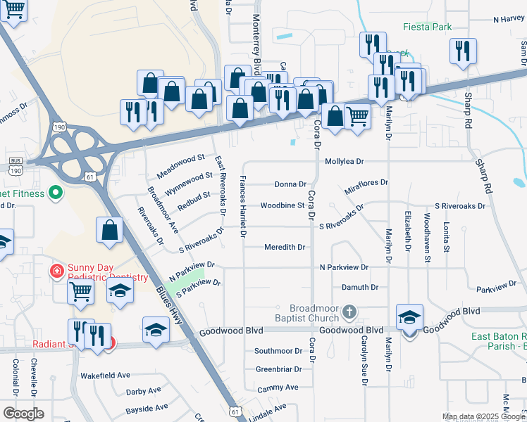 map of restaurants, bars, coffee shops, grocery stores, and more near 9372 Woodbine Street in Baton Rouge