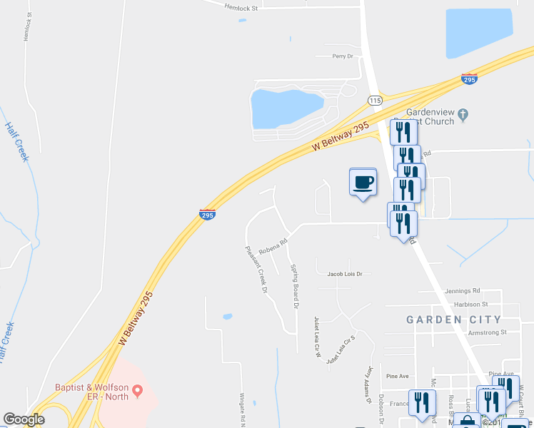 map of restaurants, bars, coffee shops, grocery stores, and more near 11813 Pleasant Creek Drive in Jacksonville