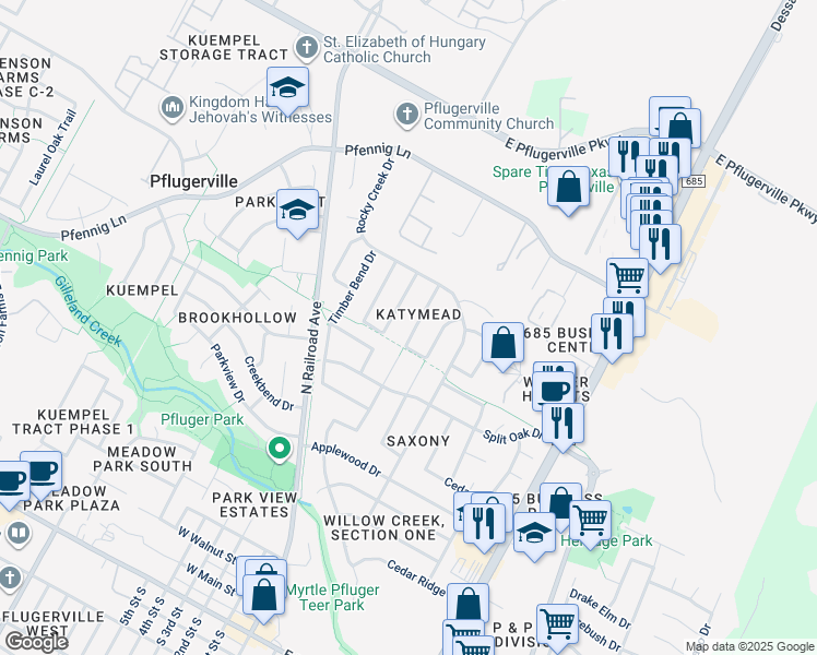 map of restaurants, bars, coffee shops, grocery stores, and more near 1206 Brophy Drive in Pflugerville