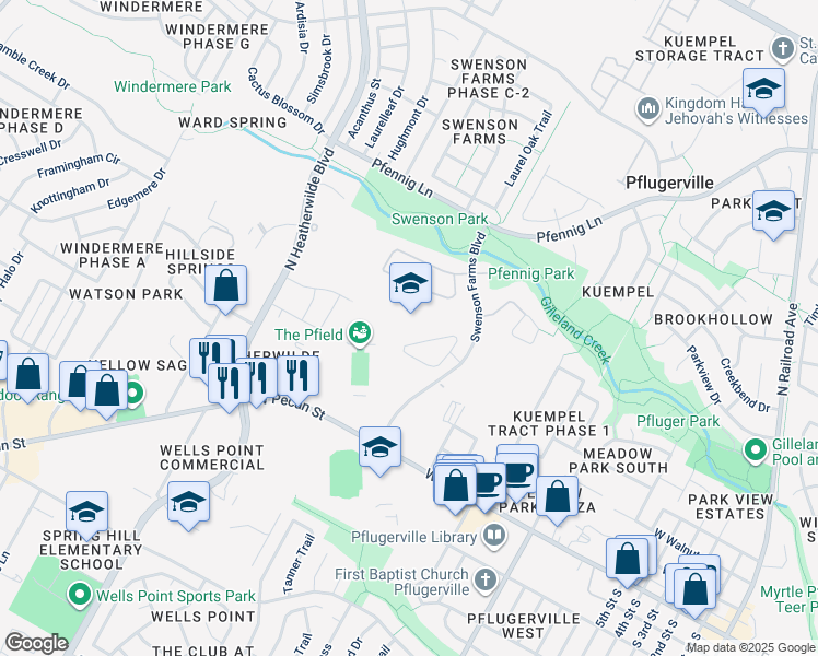 map of restaurants, bars, coffee shops, grocery stores, and more near 412 Swenson Farms Boulevard in Pflugerville