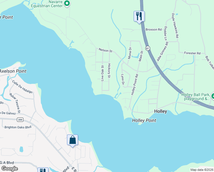 map of restaurants, bars, coffee shops, grocery stores, and more near 3111 Hickory Street in Navarre