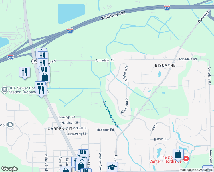 map of restaurants, bars, coffee shops, grocery stores, and more near 11846 Alexandra Drive in Jacksonville