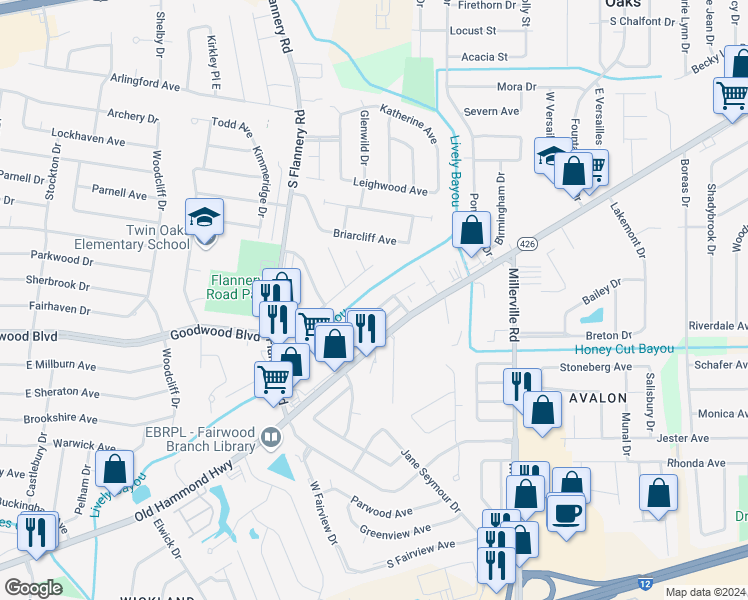 map of restaurants, bars, coffee shops, grocery stores, and more near 14015 Azalea Park Ave in Baton Rouge