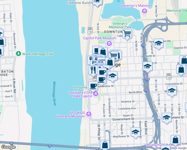 map of restaurants, bars, coffee shops, grocery stores, and more near 342 Lafayette Street in Baton Rouge